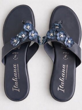 Italian Shoemakers Navy Floral Rhinestone Coquette Sandal Summer Comfort Cushion